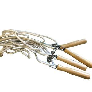 2 Vintage Jump Ropes  16' + 9' Wood handles metal swivel plastic guard